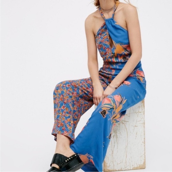Free People Pants - Free People The Life Exotic Jumpsuit in Sapphire Combo (Blue) Halter Size 0